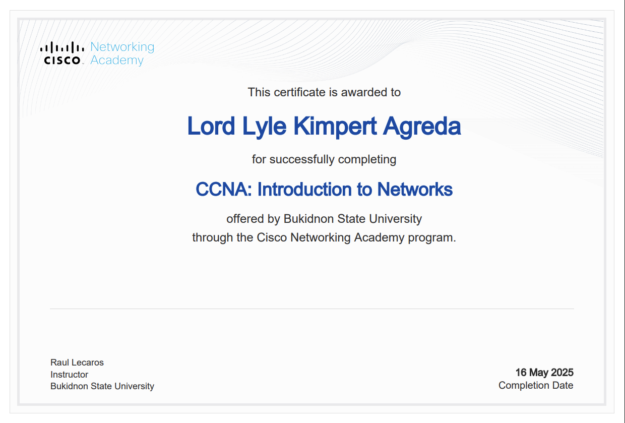 Cisco Networking Academy certificate for CCNA: Introduction to Networks, awarded to Lord Lyle Kimpert Agreda